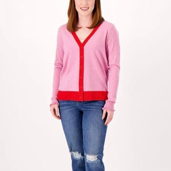 Candace Cameron Bure pink and red colorblock button front cardigan small - Picture 3 of 11